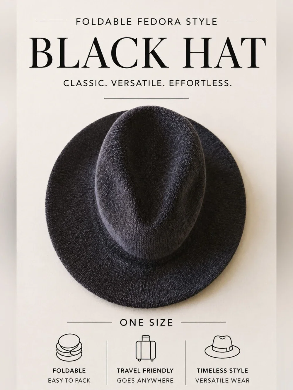 EUC FOLDABLE Timeless Fedora Style Black Hat, One Size